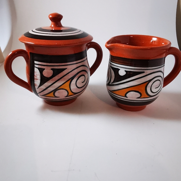 Vintage Red Clay Pottery Cream and Sugar Abstract Brown White Mustard Colour - Picture 2 of 16